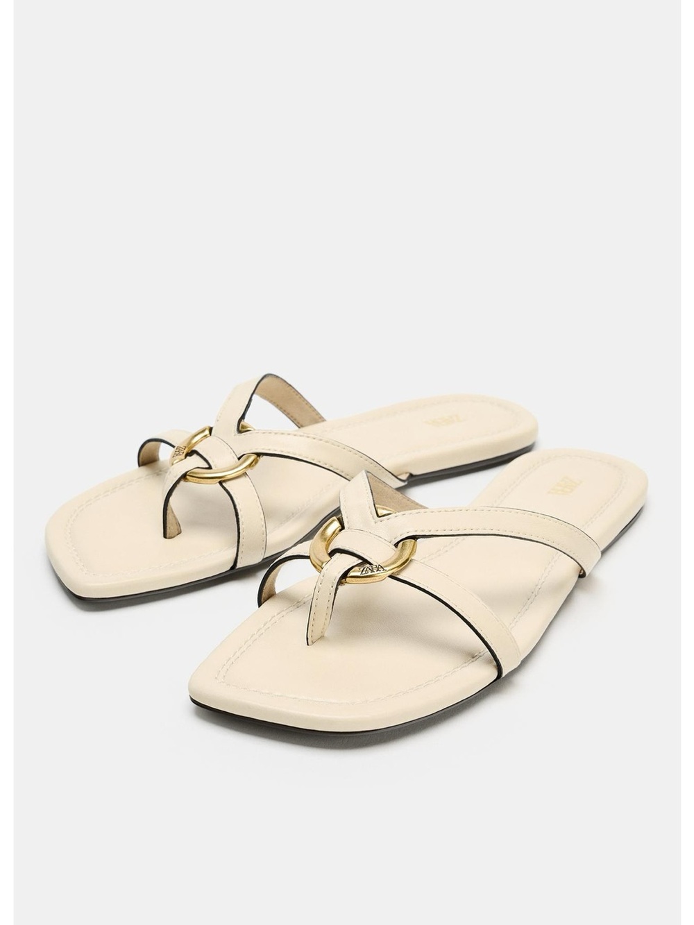 Zara Cream Slide Sandals with Gold Ring Accent